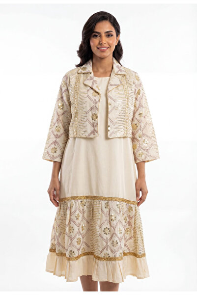 Rokon Dana Elegant linen jalabiya with a sequined jacket