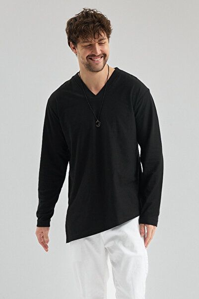 rammers V-Neck Asymmetrical Side Cut Long Sleeve T-Shirt