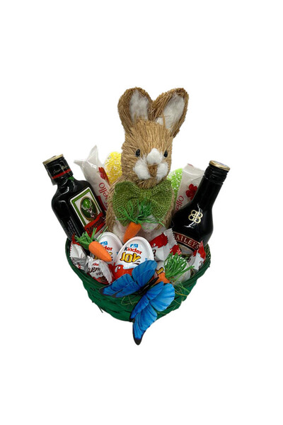 velve Cos cadou de Paste,bauturi spirtoase,dulciuri, iepuras decorativ, Verde