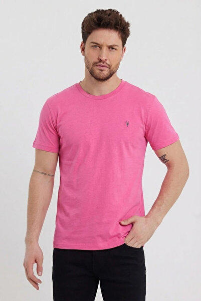 COMBİNE MİCHAİL Ανδρικό μπλουζάκι με λαιμόκοψη Crew Neck Slim Basic σε ροζ χρώμα