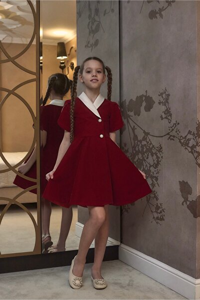 kiddos.ro Girls' red velvet dress with white collar and tulip sleeves - elega...