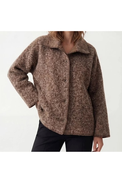 DIGERUI Kahve Çoban Dikiş Keçe Kadın Mont