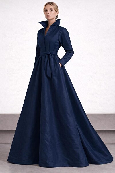 SERAVENZA COUTURE فستان قميص أنيق من التفتا بطول ماكسي مع حزام وجيوب COU-43