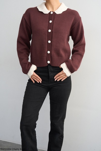 Hazinedan Women's Knitted Peter Pan collar Sleeve Detailed Knitwear Cardigan