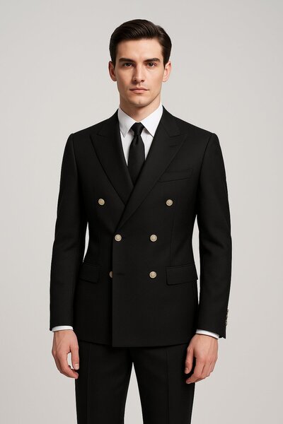 LONATOLİA Erkek Slim Fit İtalyan Stil Metal Düğme Kruvaze Takım Elbise