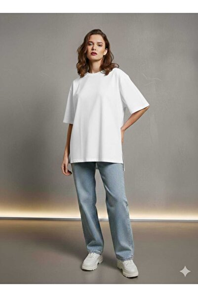 kikiriktekstil Γυναικείο μπλουζάκι Oversize Basic με λαιμόκοψη και πλαϊνά σκι...