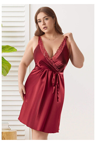 QKK Cămașă de noapte din satin, mărime mare, bordeaux, pentru femei - Cămașă ...