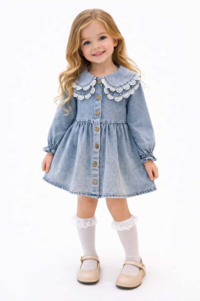 CarnavalKids kız çocuk dantel desen bebek yaka kot elbise