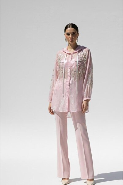 Rabiossa Women's Hooded Stone Embroidered Tunic Shirt