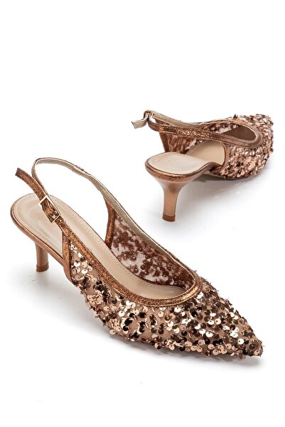 Dilimler Ayakkabı Women's Short Heeled Evening Dress Shoes Copper Sequin Mesh...