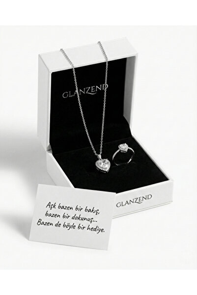 GLANZEND Işıltılı Gümüş Kolye Kalp Ve Yüzük 14 Şubat Sevgililer Günü Hediyesi