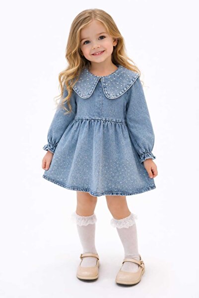 CarnavalKids kız çocuk taş işlemeli bebek yaka kot elbise
