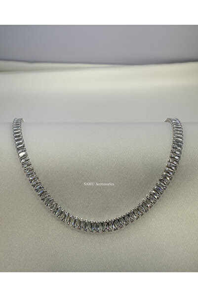 Samu Accessories İnce Baget Taşlı Su Yolu Gümüş Çelik Kolye - Silver Mini Bag...