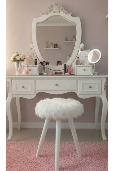 Zelda Beyaz Peluş Puf Tabure – Ahşap Ayaklı Dekoratif Makyaj & Oturma Pufu