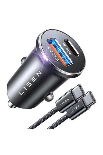 LISEN Fast Charge Car Charger with Type-C Cable Lisen, PD 65W, Silver
