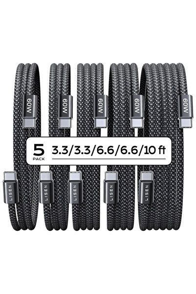 LISEN [Package of 5] Type-C Charging Cable Lisen, 60W, 1/2/3m, Black