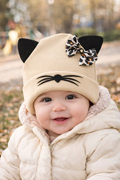 Atlas Baby House Kız Bebek Kedi Figürlü Leopar Fiyonklu Pamuklu Şapka