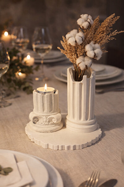 Homesinti El Yapımı Taş Sütun Mumluk ve Vazo veya Makyaj Fırçalık Seti | Deko...