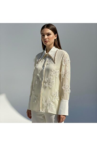 Rabiossa Women's Ecru Pointed Collar Stone Embellished and 3D Floral Detailed...