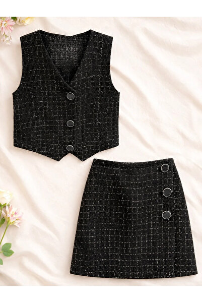 kidstalya Siyah Işıltılı Yelek şort Etek Çocuk Takım