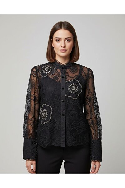Rabiossa Women's Lace Sparkling Stone Embroidered Special Design Shirt