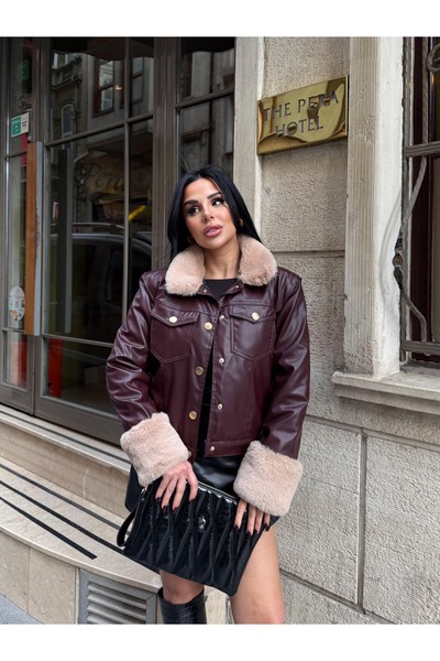 CATALEYA Women's burgundy eco-leather jacket with fur collar and cuffs - eleg...