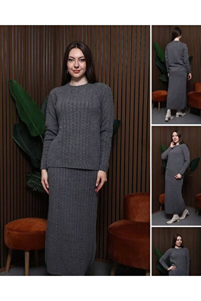 Cannes Women's Gray Crew Neck Knitted Patterned Knitwear Top and Bottom Set