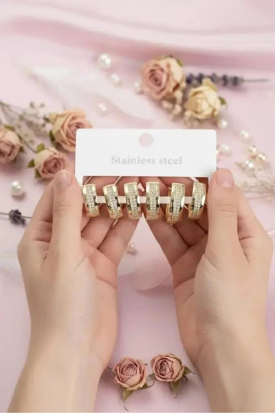 Dorvina 316L Steel Gold Color Zircon Stone Hoop Earring Set Tarnish Resistant...