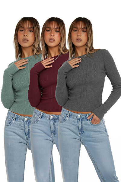 NERTH STYLE Crew Neck Long Sleeve Corded Fabric Blouse Set of 3
