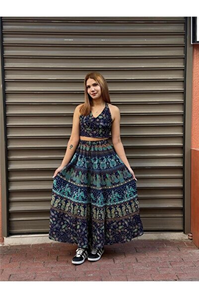 Miss Boheme Navy Blue Color Peacock Patterned Long Skirt Crop Set