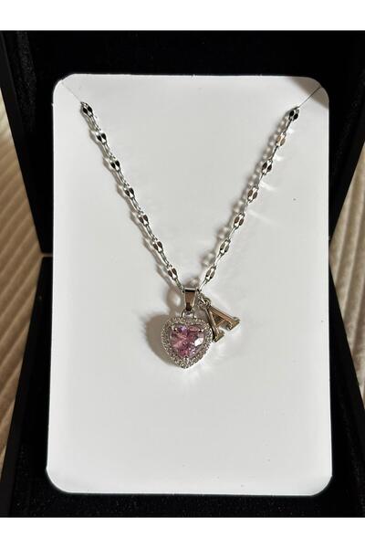 bijoux uniques Çelik pembe kalpli A harfli kadın kolye