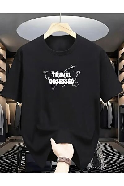 FUFLUNS تي شيرت رجالي ذو ياقة دائرية كبير الحجم مطبوع عليه تصميم TRAVEL