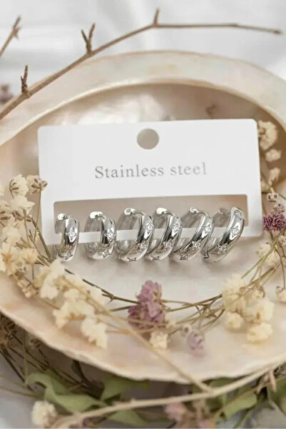 Dorvina 316L Steel Silver Color Zircon Stone Pole Star Model Hoop Earring Set...