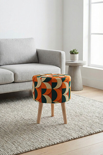 MEFAKS TEKSTİL Yuvarlak Dijital Baskılı Ahşap Ayaklı Puf, Tabure Salon & Otur...