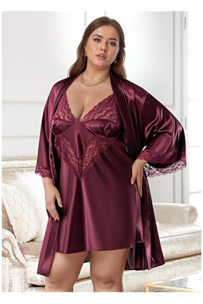 Lienna Set de cămașă de noapte și halat din satin, mărime mare - 2 piese, măr...