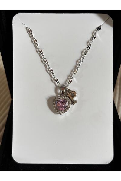 bijoux uniques Çelik pembe kalpli P harfli kadın kolye