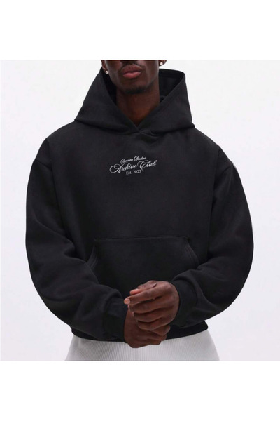 Oceanwear Men's Hooded Archive Club Printed Plain Black Sweatshirt