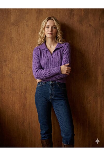 Sublime Butik Kadın Mor Polo Yaka Selanik Örgü Triko Örgü Petite Kısa Boy Kazak