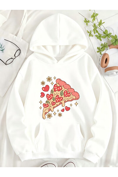 Flow touch بيتزا رارك ب مطبوع وايت أو قصة فضفاضة سويت شيرت بقلنسوة