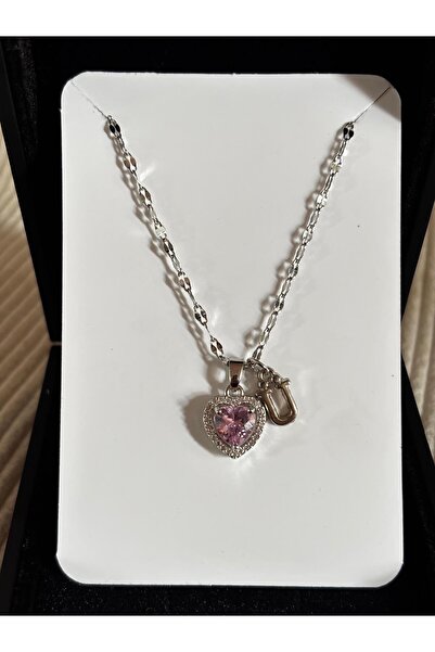 bijoux uniques قلادة نسائية على شكل حرف U مع قلب وردي من الفولاذ