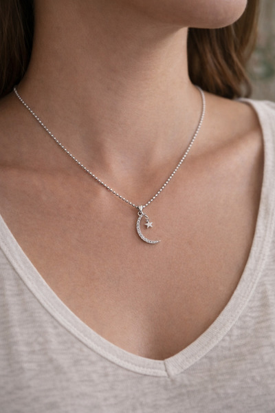 Owentis Steel Silver Stone Moon Star Elegant Aura Necklace -Does Not Tarnish-