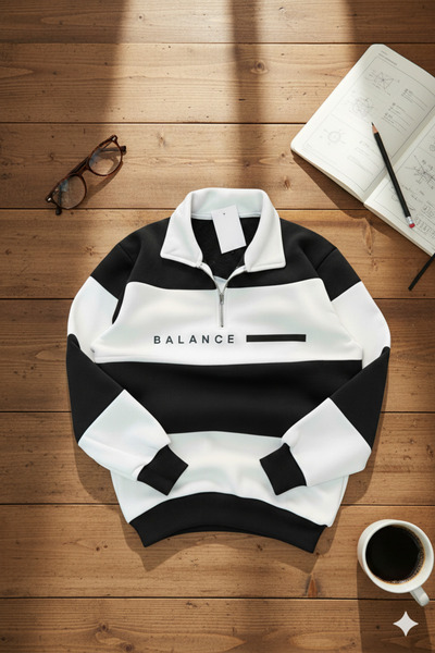 LiyAdaCo Pulover unisex cu guler polo și fermoar Balance cu imprimeu Black Wh...