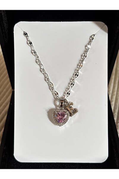 bijoux uniques Çelik pembe kalpli E harfli kadın kolye