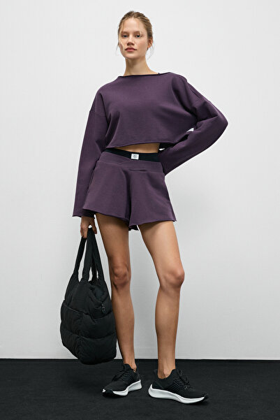 Urban Beat CYBELE Kadın Kayık Yakalı Oversize Uzun Kollu Mor Sweatshirt