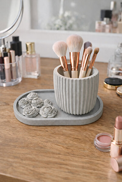 Sabletscrafts Handmade Makeup Brush Holder & Decorative Flower Tray Set – Gray