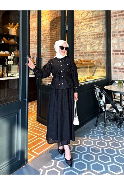 PİNK FLY Premium Stone Embroidered Jacquard Cutout Chiffon Skirt Suit