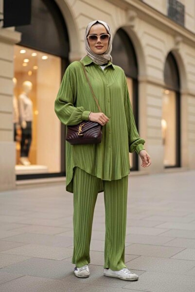 Aselim Hijap Moda Pleated Satin Shirt Suit Light Green