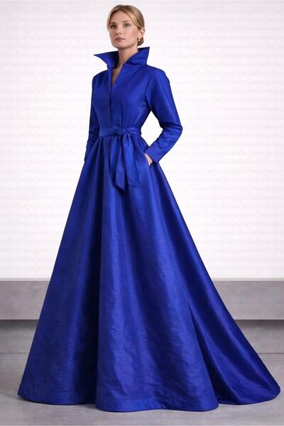 SERAVENZA COUTURE فستان قميص أنيق من التفتا بطول ماكسي مع حزام وجيوب COU-45