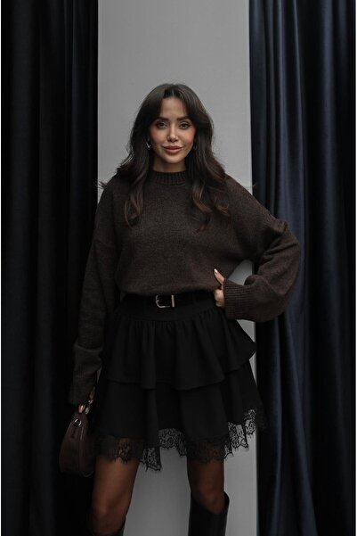 Havoş Acı Kahve Mary Crew Neck Oversized Knitwear Sweater