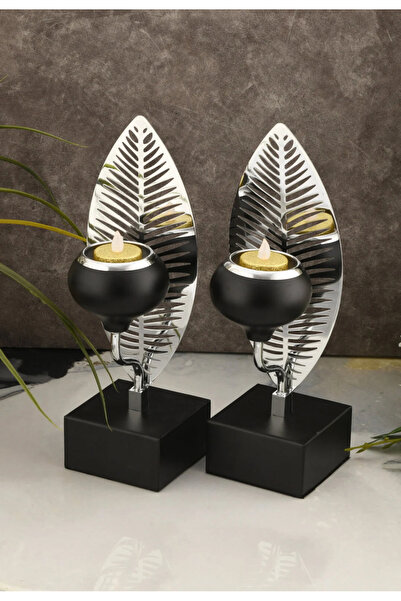 burenze Modern Candeliere Dekoratif Yaprak Detaylı Mumluk 2’li Şamdan Gümüş K...